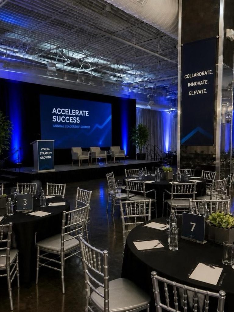 A leadership summit set with a stage and screen