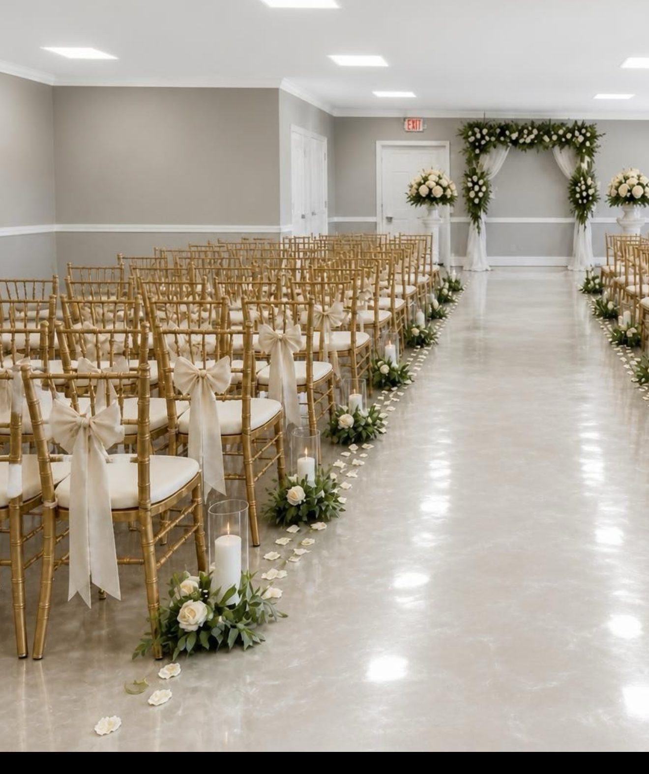A ceremony aisle lined with candles and roses