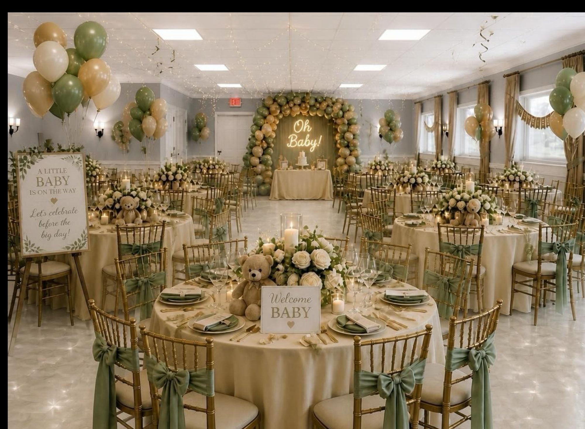 A baby shower styled in sage and gold